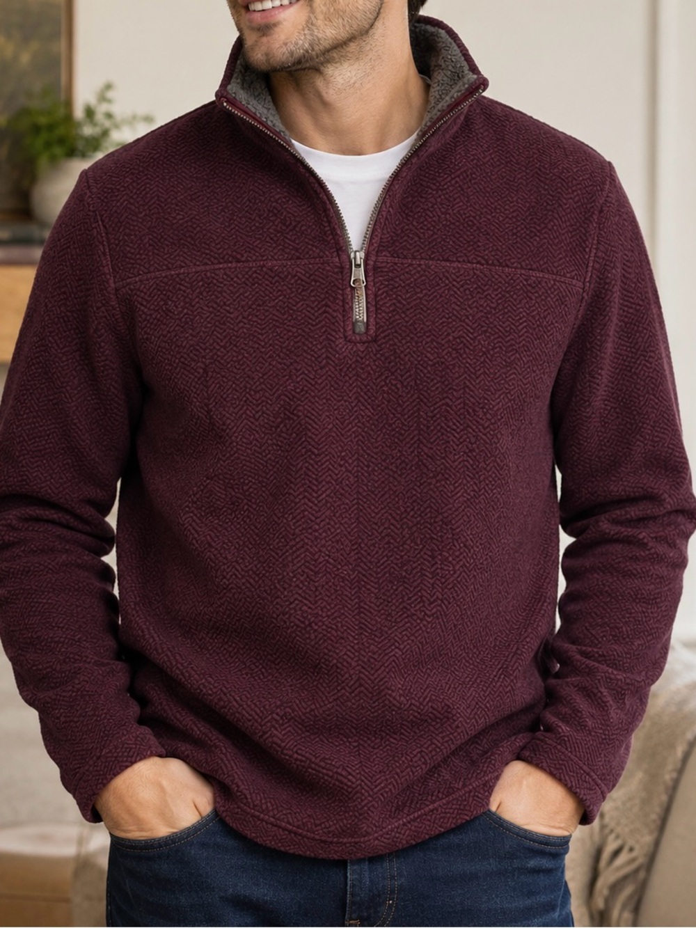 London Fog Burgundy Sherpa Lined Quarter Zip Pullover Sweater Men’s 2XL